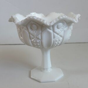 Vintage milk glass footed compote candy dish trinket dish quilted pattern